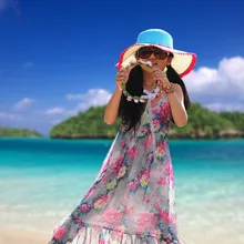 Для девочек Цветочный принт пляжное платье из шифона летняя Новое платье без рукавов для детей длинное богемное платье для подростков, девушки макси платье, детская одежда