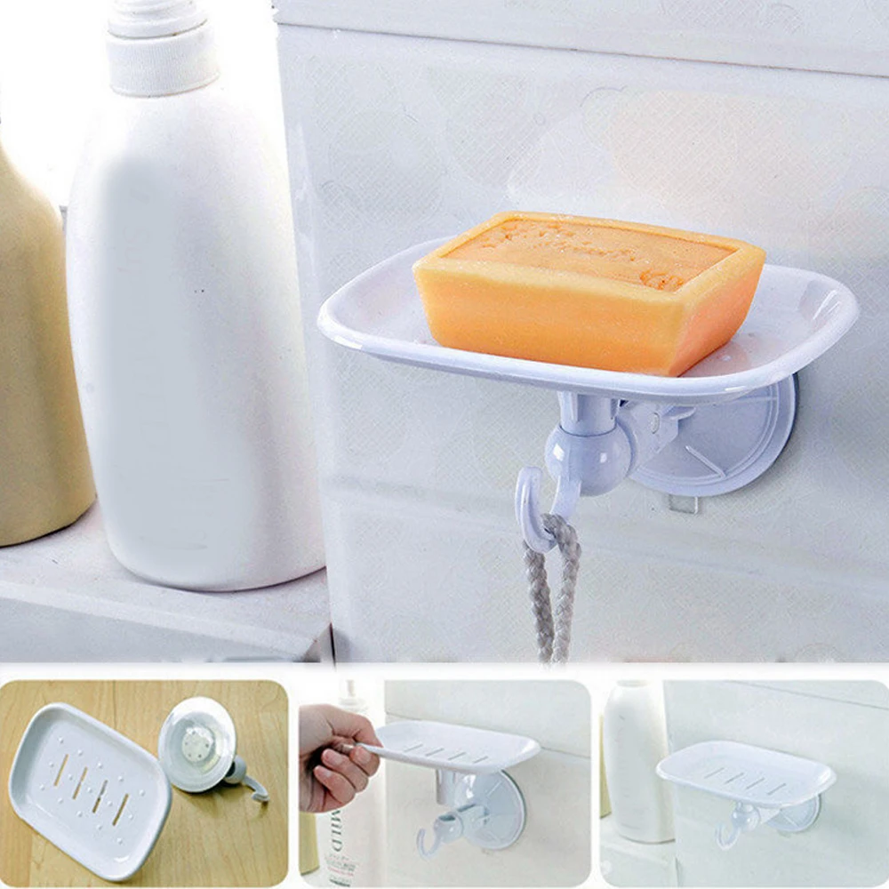 Прочный пластиковый держатель для мыла на присоске, корзина для посуды, поднос для ванной комнаты, аксессуары для ванной комнаты для дома - Цвет: Белый