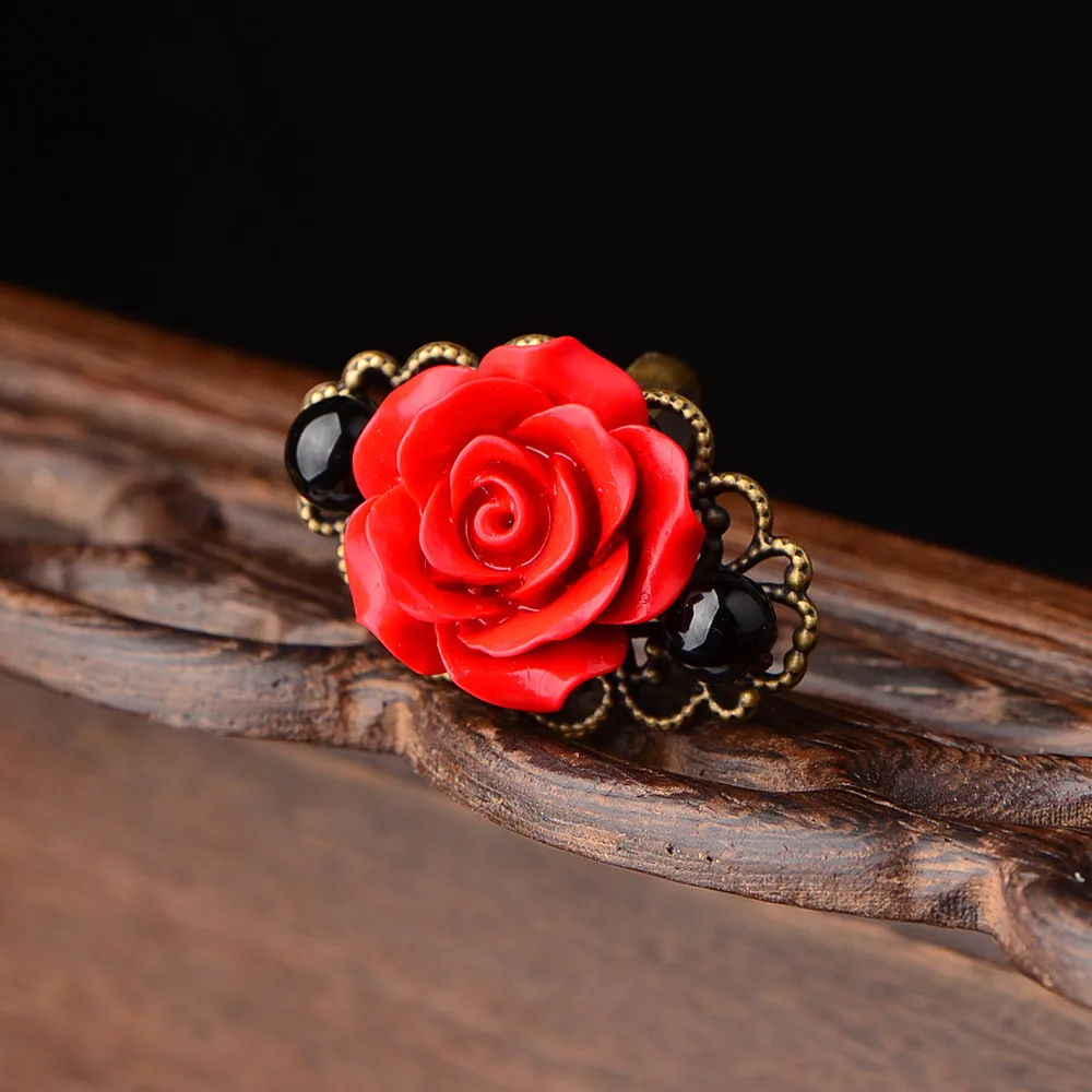 

BOEYCJR Copper Cinnabar Rose Flower Rings Fashion Jewelry Vintage Ethnic Rings for Women Christmas Gift 2019 anneau anillo