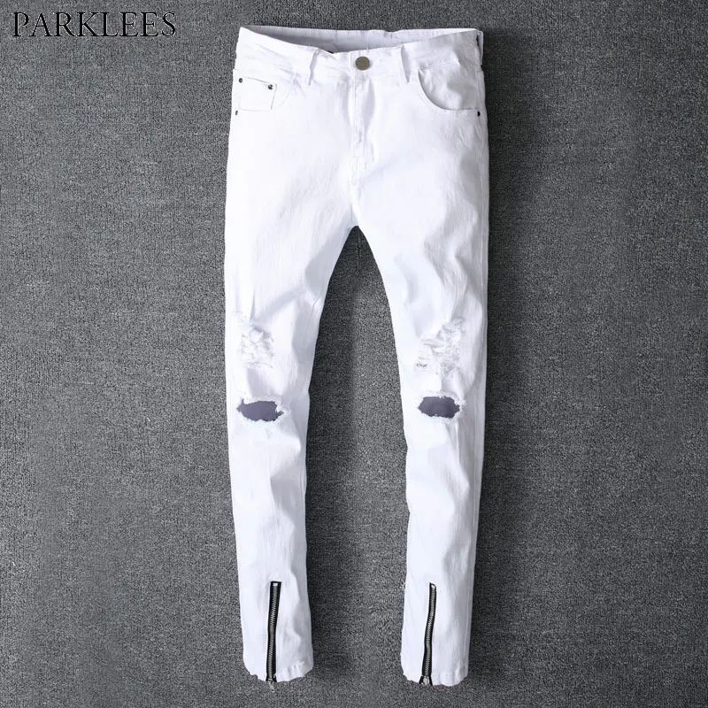 

2018 Summer New White Ripped Jeans Men Fashion Holes Bottom Zipper Skinny Jeans Homme Casual Hiphop Swag Style Denim Jeans Pants