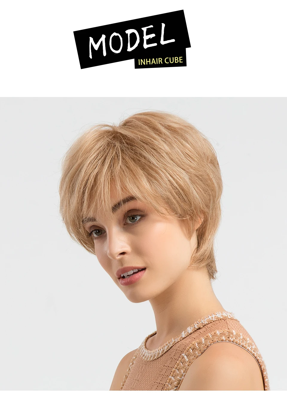 INHAIR CUBE Synthetic Blend Wigs Straight Hair Short Wig for Women Fluffy Human Hair Natural Elastic Wig Cap#27