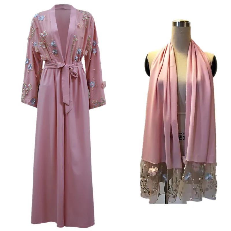 

Fashion Women Long Cardigans With 3D Plum Blossom Appliques Muslim Islam Dubai Malay Abaya With Sash Kimono Sleeve Coat