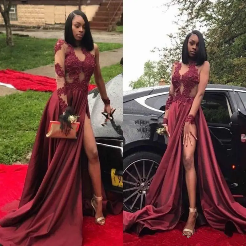 

High Split Burgundy Lace Evening Dress Party Prom Wedding Guest Formal Gown Custom
