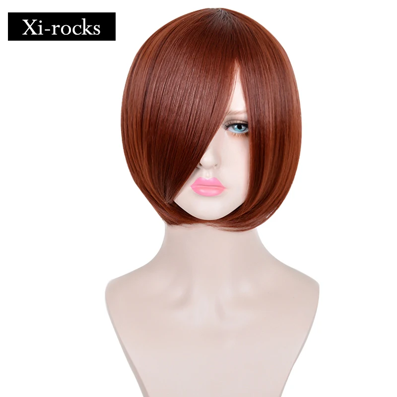 

3083 Xi.rocks Hair synthetic Women's Short Bob Wigs With Bangs Imported Heat Resistant Mix Dark Red Brown Hair Wig