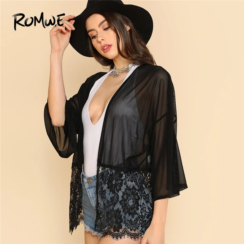 

ROMWE Black Boho Mesh Floral Lace Bottom Kimono 2019 Summer Women Sheer Stretchy Bohemian Fashion Style Longline Blouse Tops