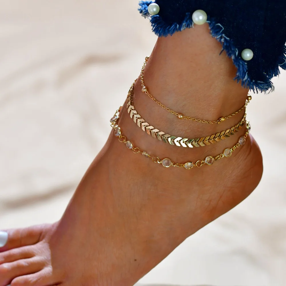 3PCs/Set Gift Boho Fashion New Foot Jewelry Sequins Anklet Set Beach Crystal 
