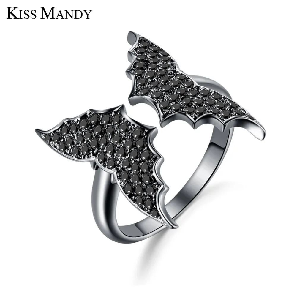 

KISS MANDY Men Ring Original Flying Bat Vivid Shape AAA Clear Black CZ Adjustable Women Finger Rings For Party Jewelry LR165