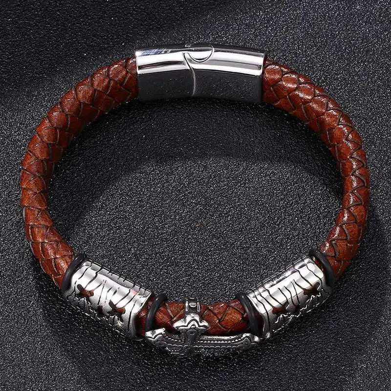 Винтажный Мужской браслет в стиле панк коричневый плетеный кожаный перекрестный браслет мужские ювелирные изделия из нержавеющей стали с магнитной застежкой браслет подарок SP0081