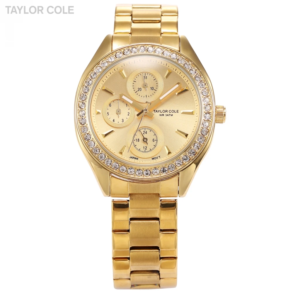 

Taylor Cole Luxury Brand Women Dress Watches Gold Relogio Auto Date Rhinestone Bracelet Clock Lady Fashion Quartz Watch / TC010