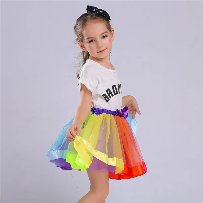 Ins Style 3-8 Years Old Girls Rainbow Tutu Skirts For Children Birthday Princess Mini Pettiskirt Party Dance Bowknot Mesh Skirt