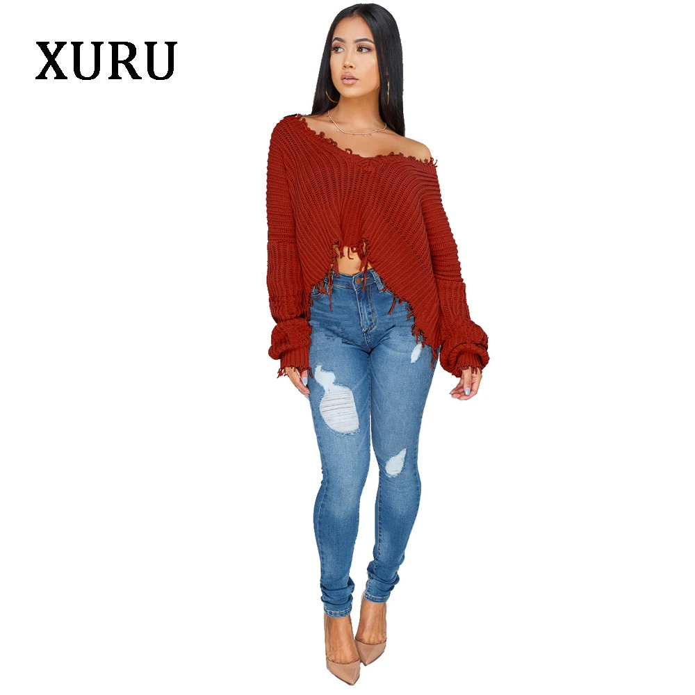 XURU new hot-selling sweater women's front and back two wearing solid color hand-knitted pullover sweater low-cut irregular 