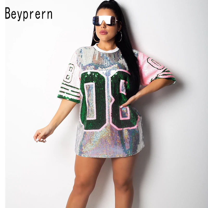 Beyprern Sporty 08 длинная футболка свободное мини-платье с пайетками женское блестящее платье 08 блузка платье Повседневная Спортивная Клубная одежда