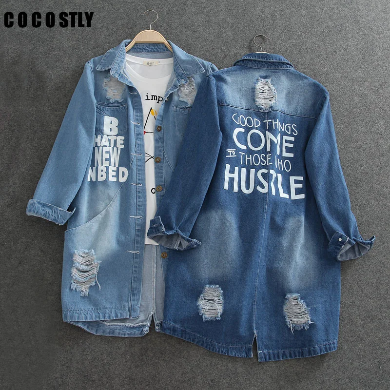 incredible  Ladies Denim Jackets Women Spring Turn Down Collar Hole Long Sleeve Casual Denim Jacket Women Jeans
