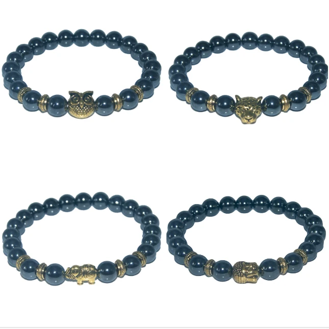 

Free Shipping 8 MM Natural Stone Beads Hematite Owl Buddha Head Bracelets For Women Men Charm Jewelry Stretch Energy Yoga Gift