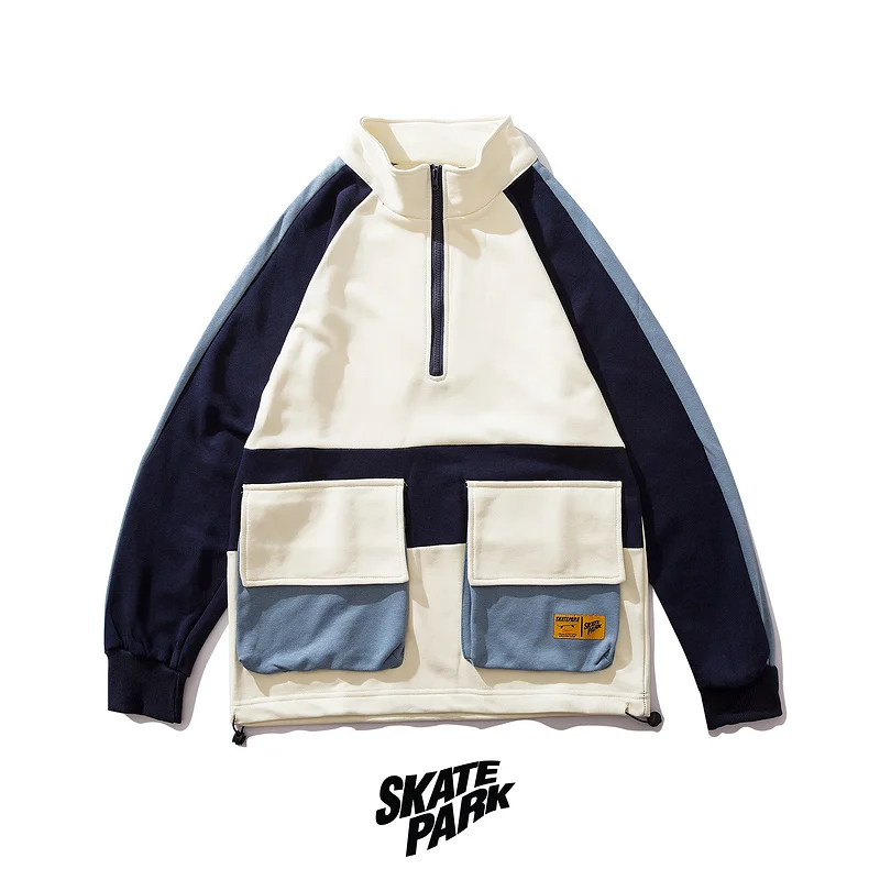 

Plegie Jacket men 2019 HipHop Streetwear Big Mult Pockets Half Zipper Jacket Windbreaker Patchwork Color Unisex sweatshirts