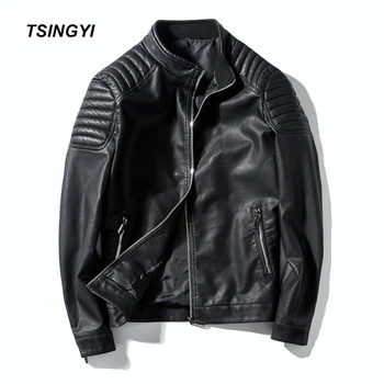 

Tsingyi Autumn Motorcycle Men's Leather Jacket PU Stand Collar Slim Fit Moto Vintage Jaket Leather Men Veste Cuir Homme Coats