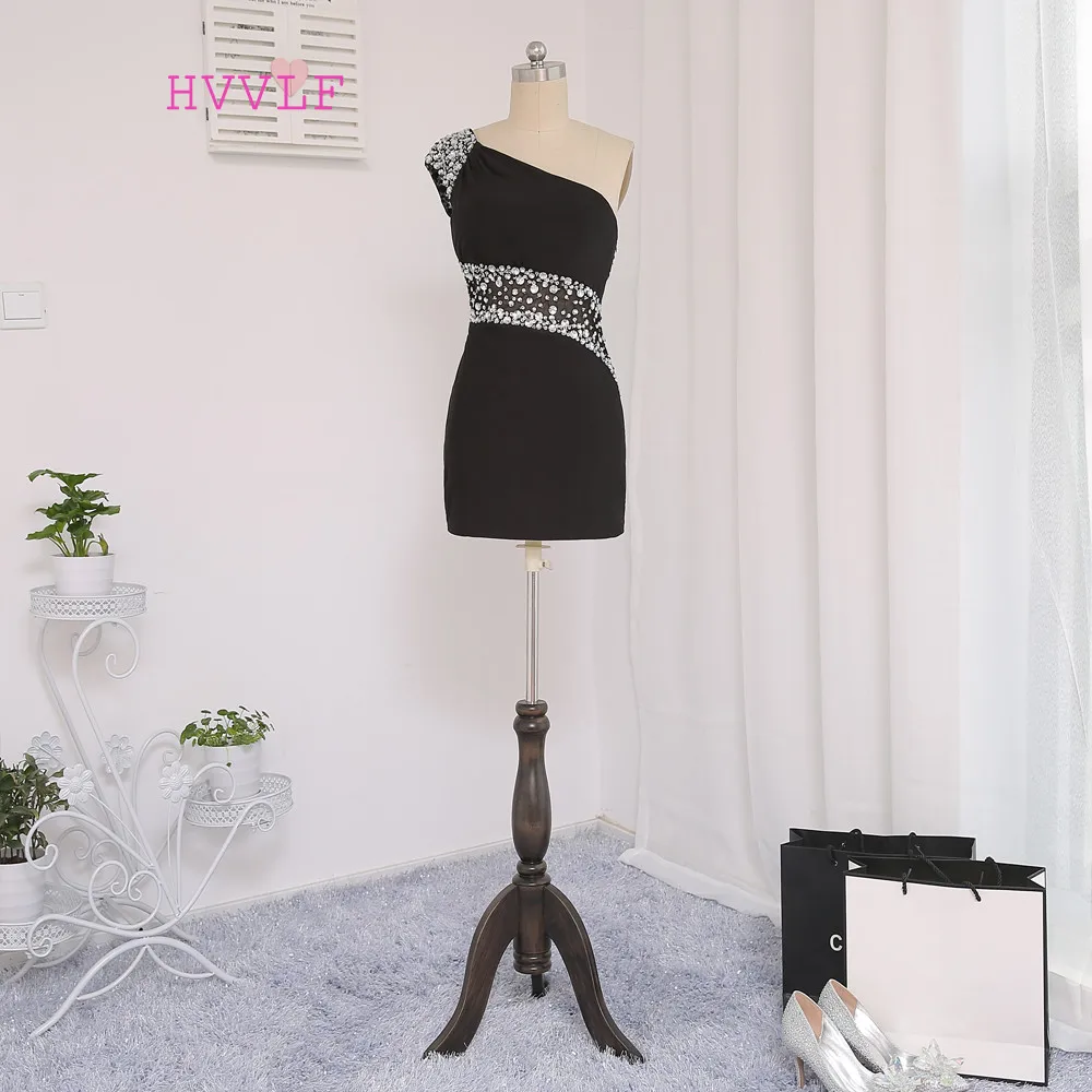 

New Black Cocktail Dresses Elegant 2019 Sheath One-shoulder Short Mini See Through Homecoming Dresses