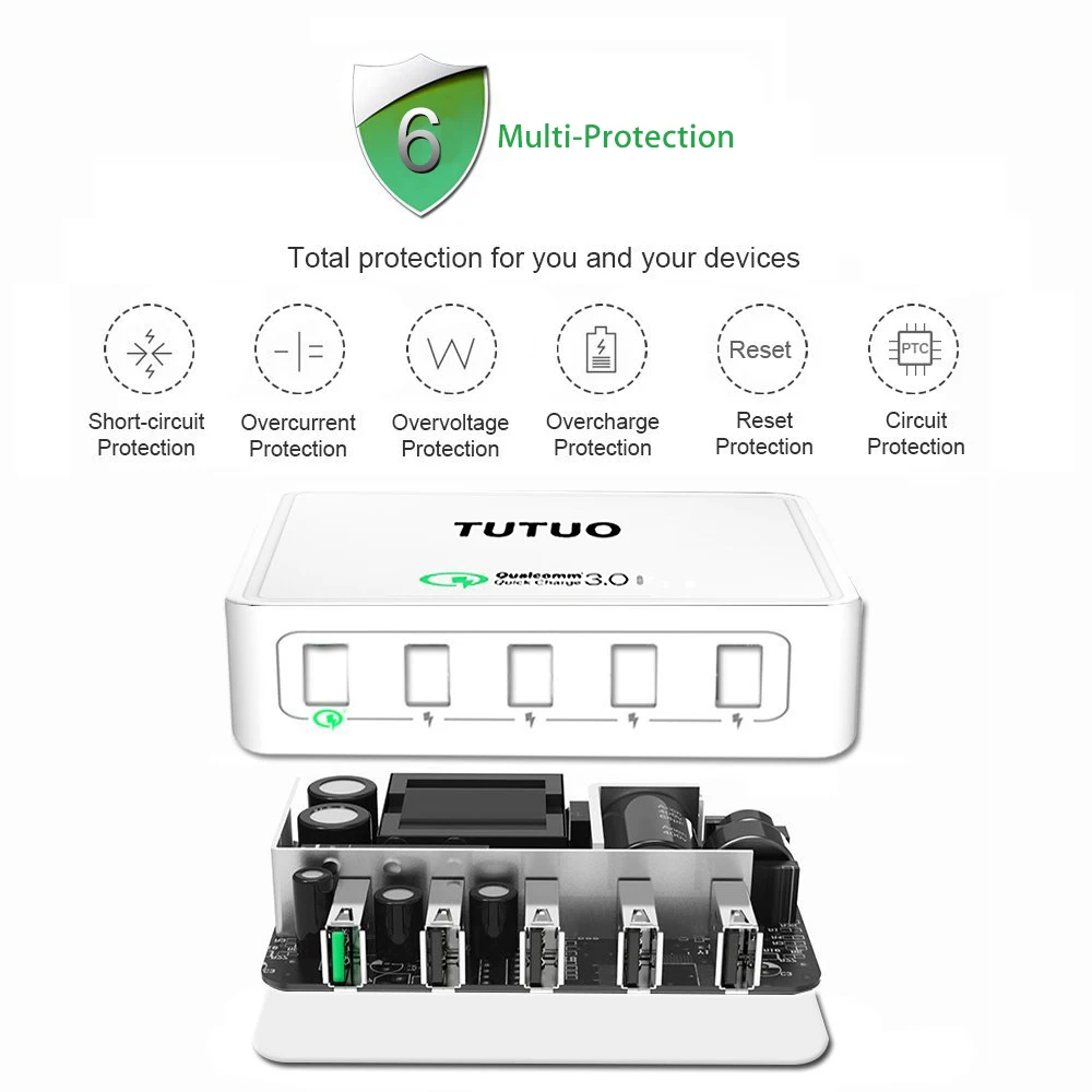 Tutuo Qualcomm USB quick charge 3.0 fast Зарядное устройство 40 Вт 5 Порты и разъёмы AC зарядная