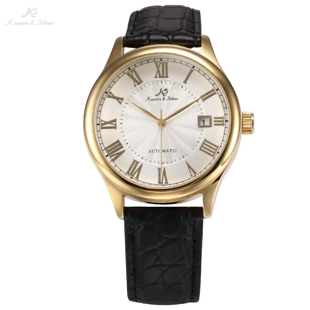 

IMPERIAL KS Auto Date Display Roman Numerals Stainless Steel Gold Case Leather Strap Self Wind Clock Men Mechanical Watch /KS241
