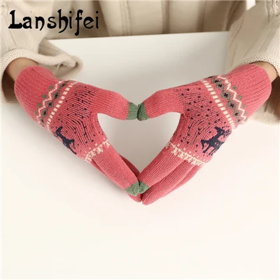 Women Knitted Touch Screen Five Fingers Gloves Winter Cute Elk Pattern Colorful&Soft Cotton Gloves Korean Style Knitting Mittens