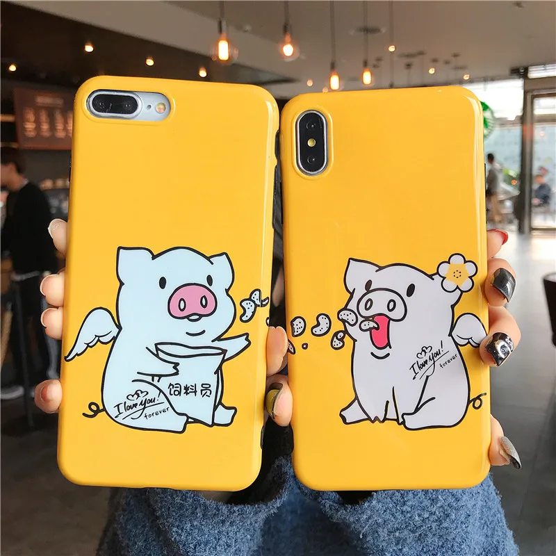 

Cute Cartoon Pig Print Phone Case For iphone 6 s 8 7 plus Case For iphone XS Max X XR Soft IMD Cover Fashion Couple glossy Cases