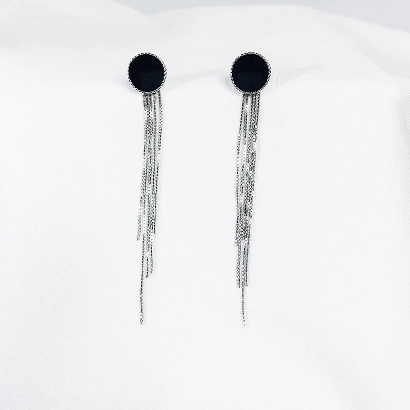 

Sterling silver 925 Black circle with bling bling tassel chain stud earrings for women party Europe fashion jewelry 2019