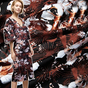 

HLQON new arrival gold line yarn dyed brocade jacquard coffee print fabric for dress women clothing tissue patchwork 145cm width