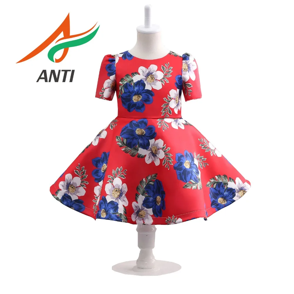 ANTI Hot Sale Red Baby Girl Printing Satin Dress Party Princess Dress