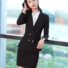 Официально дамы черный блейзер Для женщин Бизнес костюмы с юбкой и куртка комплекты Повседневная Обувь Офисная форма Дизайн OL стили