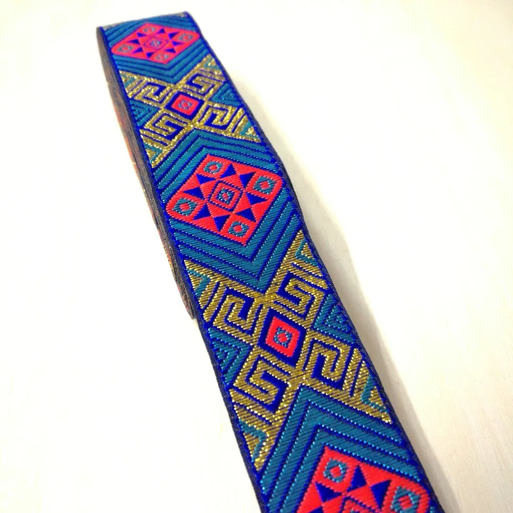 

3.3cm 33mm 1-3/8' Rhombus Turquoise Red Blue Golden Geometric Filigree Trim Lace Laciness National Jacquard Ribbon Woven Webbing