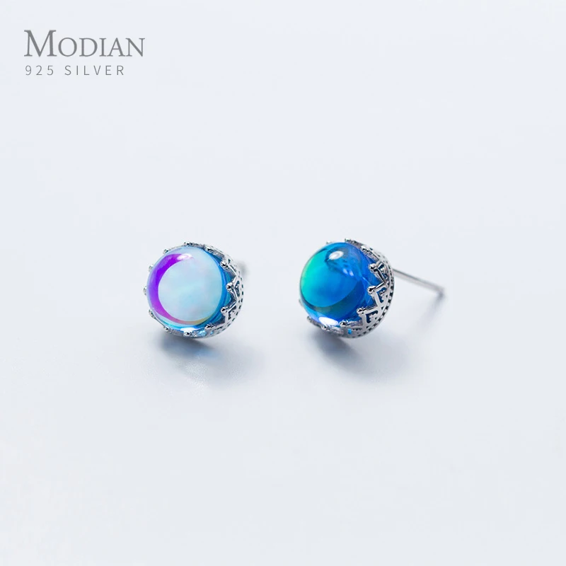 

Modian Luxury Charm Blue Opal Crown Stud Earrings Fashion Elegant 925 Sterling Silver Crystal Jewelry For Women S925 Female Gift