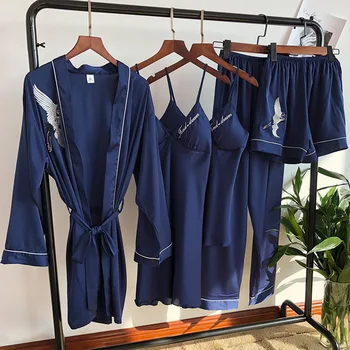

Summer 5pcs Lady Navy Blue Kimono Gown Nightwear Casual Sleepwear Bride Bridesmaid Wedding Robe Crane Embroidery Nightdress