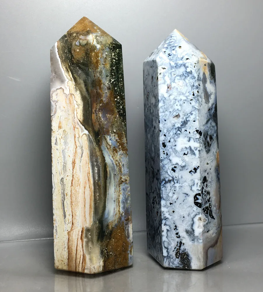 

1099g 2pcs high quality fengshui natural QUARTZ crystals healing stones OCEAN JASPER points wand
