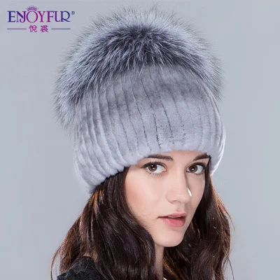 Женская меховая шапка ENJOYFUR, вязаная шапка бини из натурального меха кролика или черно-бурой лисы на зиму - Цвет: Color 418