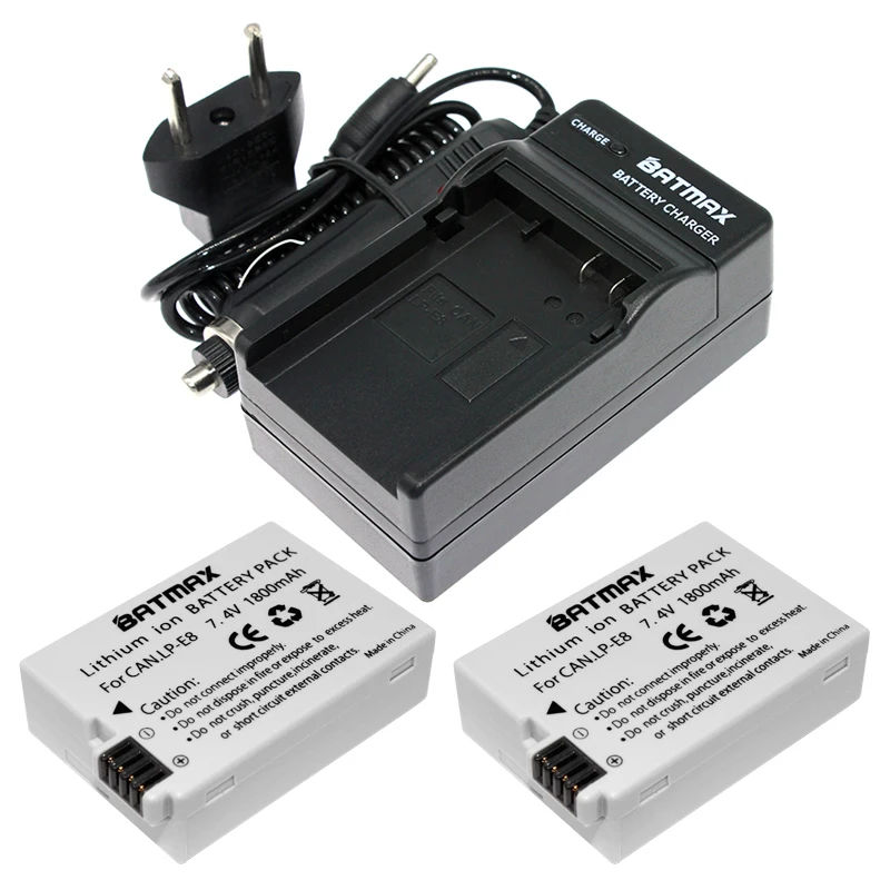 2Pcs 1800mAh Li ion LP E8 LP E8 Battery Pack AC Car Charger Kits For Canon