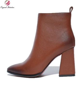 

Original Intention Women Ankle Boots Sexy Pointed Toe Square Heels Boots Beautiful Black Brown Shoes Woman US Size 4-10.5