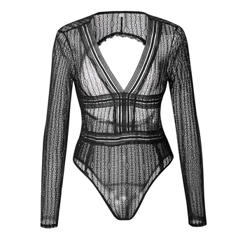 

Sexy Bodysuits Women Lace Mesh Rompers Summer V Neck See-through One Pieces Long Sleeve Overalls WS6696E