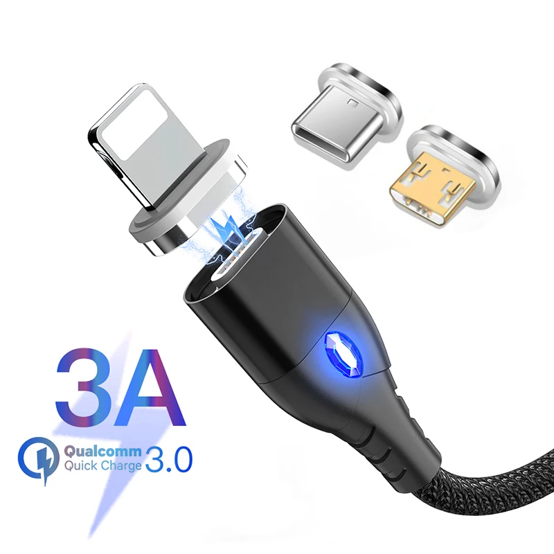 Магнитный кабель Micro USB Type C для iPhone освещения 1 м 3 А быстрой зарядки Usb мобильных