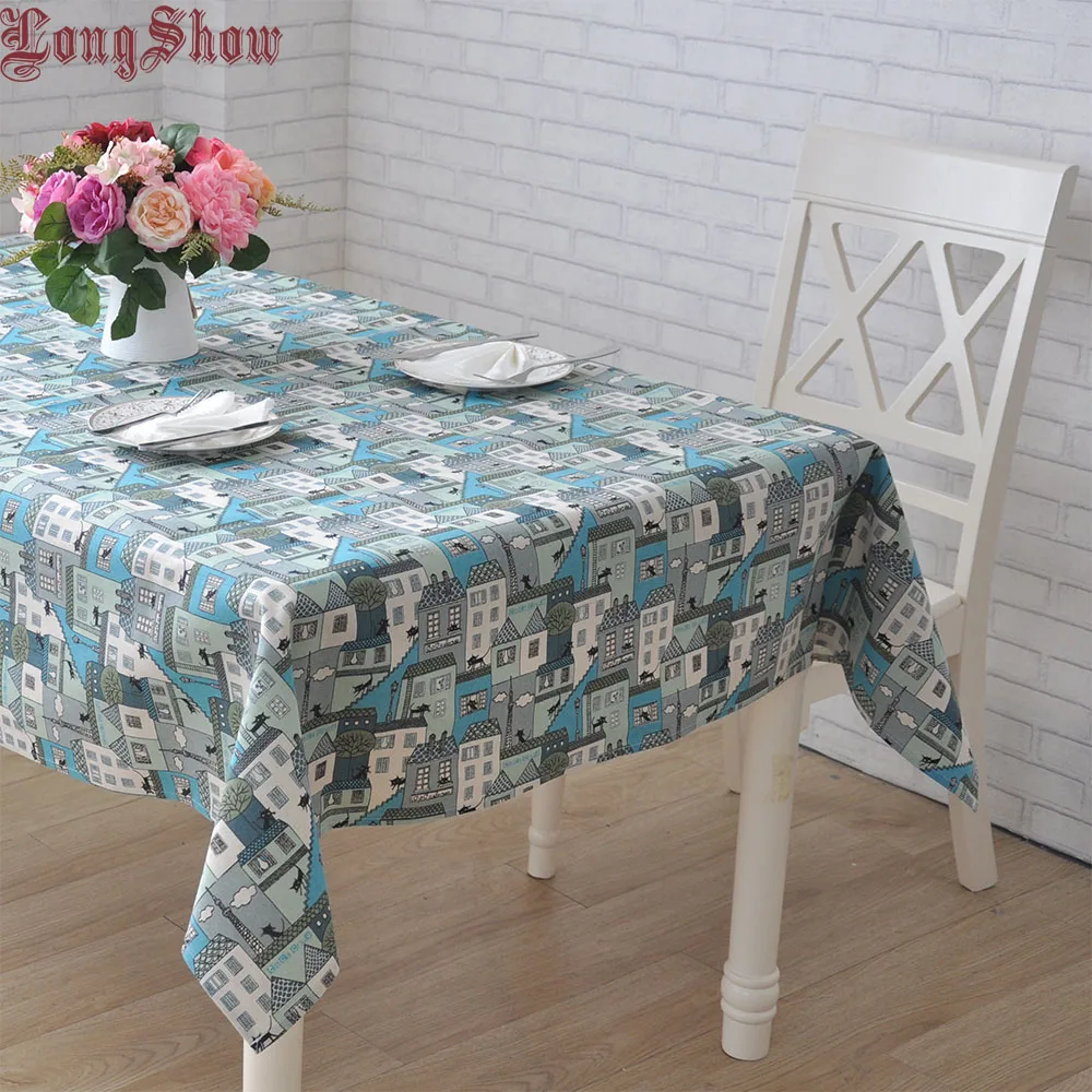 

Longshow 100x140cm 140x180cm Cute Cartoon Cat Plaid Pattern Printed Cotton Linen Tablecloth For Home Decoration
