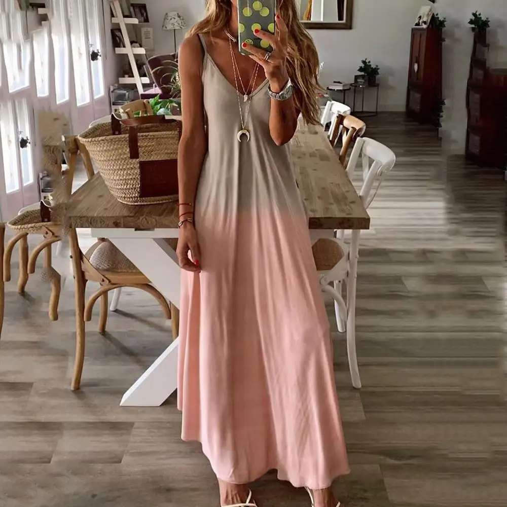 

Women Sleeveless Casual V-neck Print Maxi Tank Long Dress