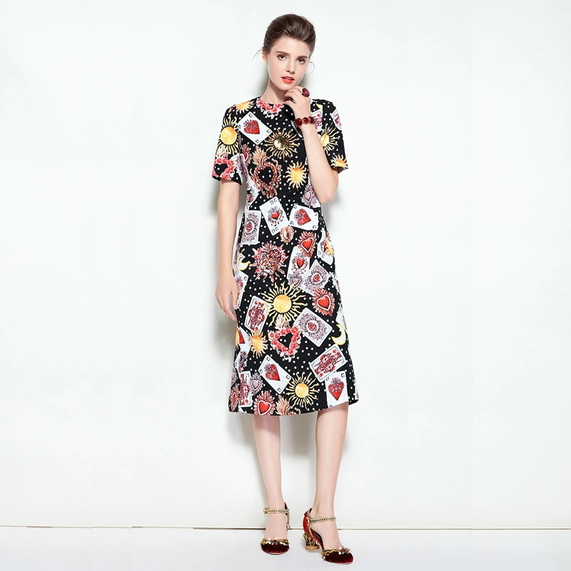 Customized Designer Runway Spring Summer Short Sleeves Dress Women's Elegant Printing Playing Cards Mid-Calf Dresses Vestito