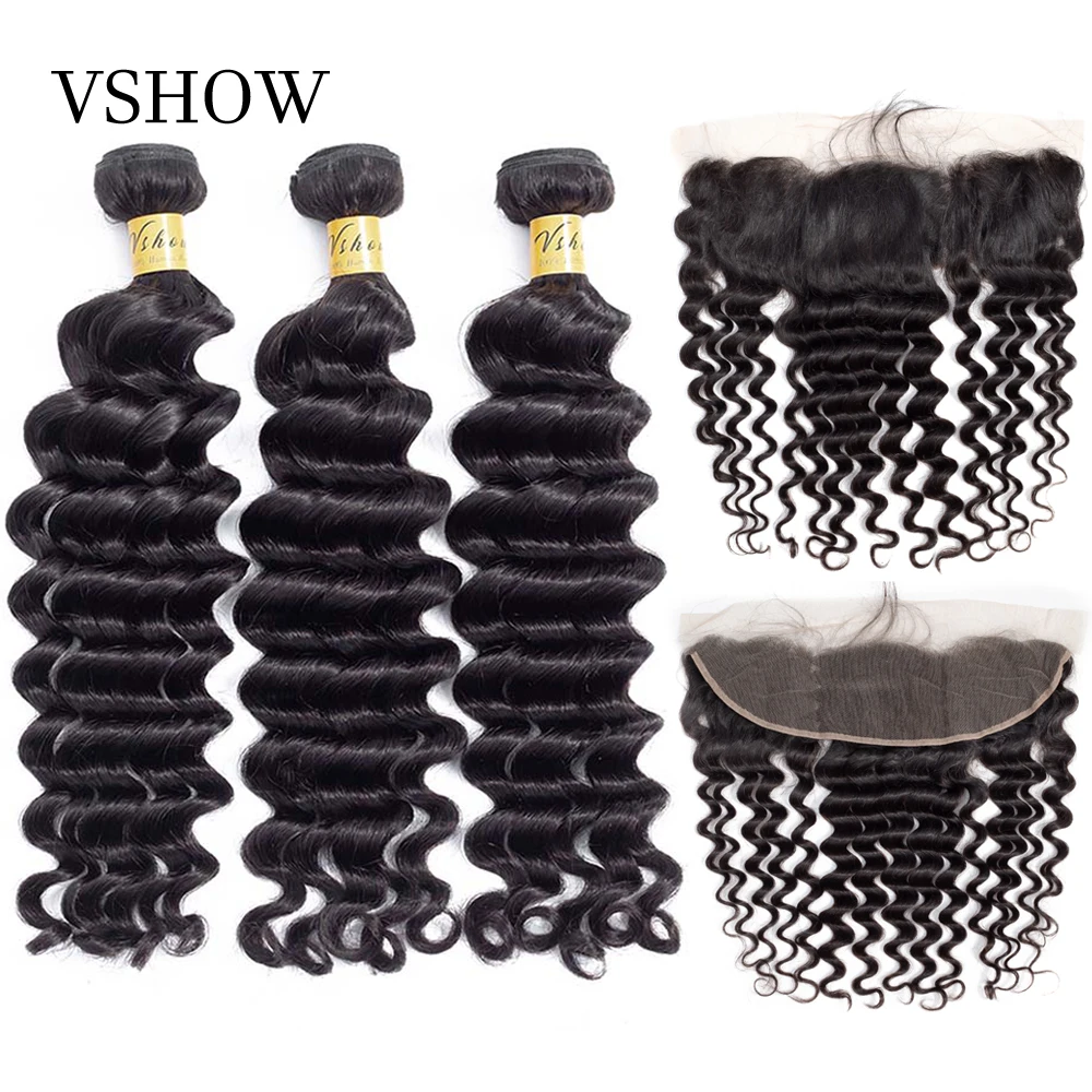 

VSHOW Hair Brazilian Loose Deep Wave Remy Hair Weave Bundles With Closure Frontal Human Hair Extension 3 Bundles With Frontal
