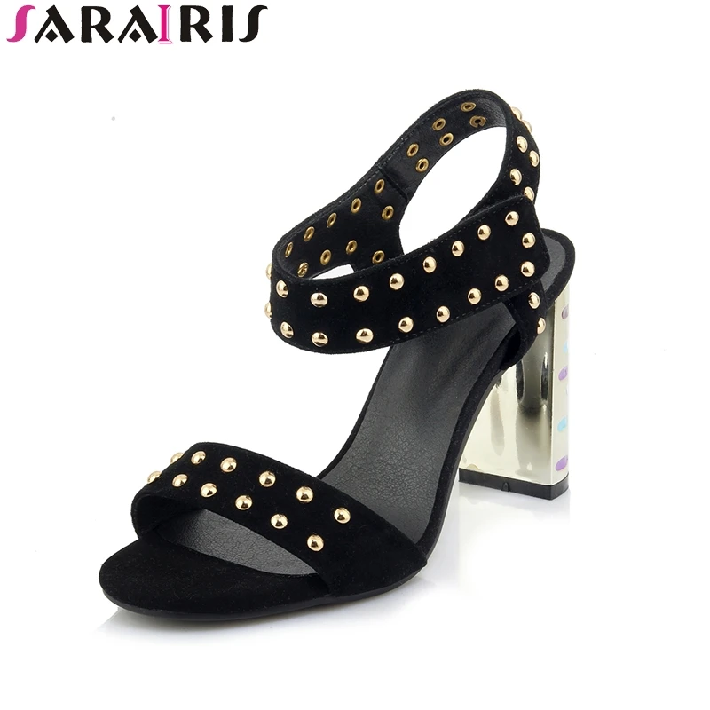 

SARAIRIS 2019 Cow Genuine Leather Large Size 33-40 Spike High Heels Party Metal Women Summer Sandals Woman Shoes