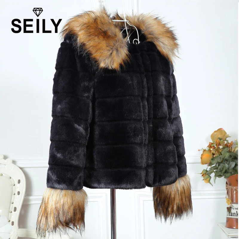 Seily Winter Fake Raccoon Dog Fur Trim Collar Long Hair Sleeve Fluffy Jacket Faux Black Rabbit Fur Furry Coat  Women Cardigan