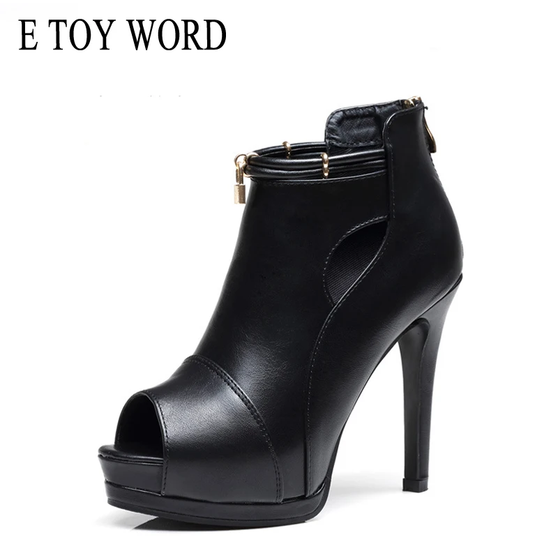 

E TOY WORD Spring Summer Women Boots Sexy Black Ankle Boots Female Ultra High Heels Open-toe Platform Spike Lock Decoration