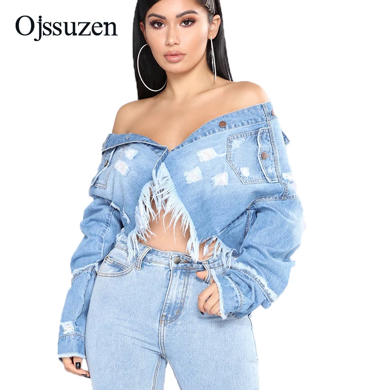 

Short Women's Jeans Hole Jackets Spliced Cropped Ladies Frayed Spring Coat Tassel Jackets Distressed Women Denim Long Sleeve