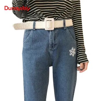 

High Waist Boyfriend Jeans Women's Vintage Snowflake Embroidered Denim Pants Loose Casual Zipper Ankle Jeans Pants