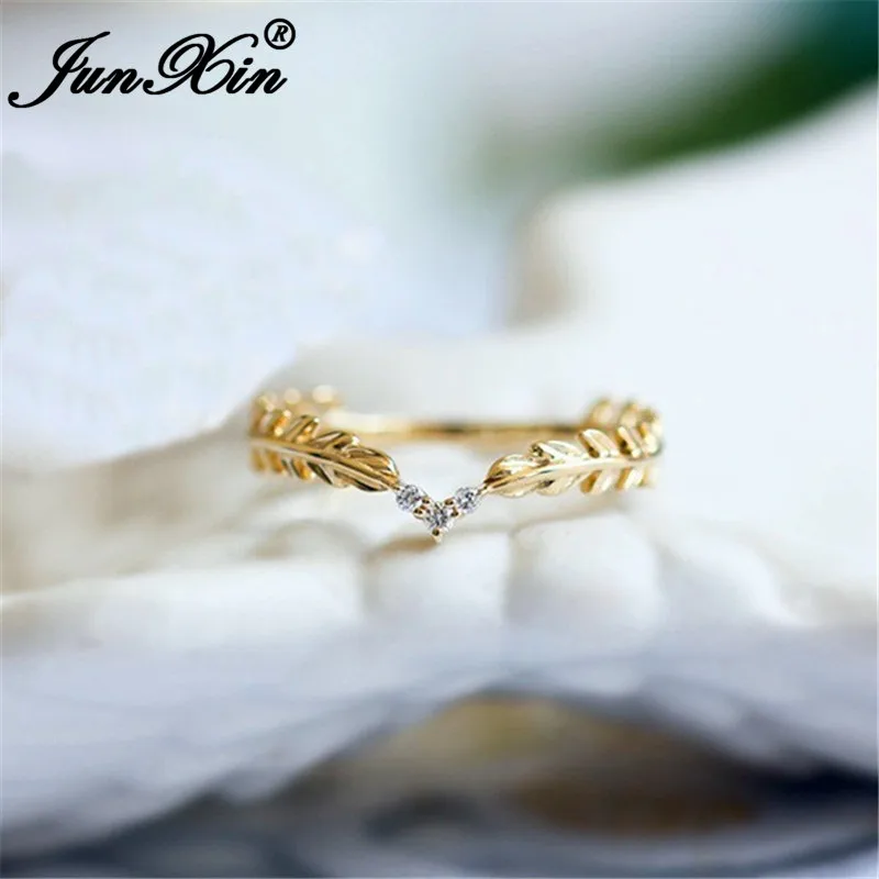 JUNXIN Cute Girls Stacking Daily Thin Rings For Women Yellow Gold Filled Wheat Feather Leaf Ring Female CZ Wedding Crown Ring
