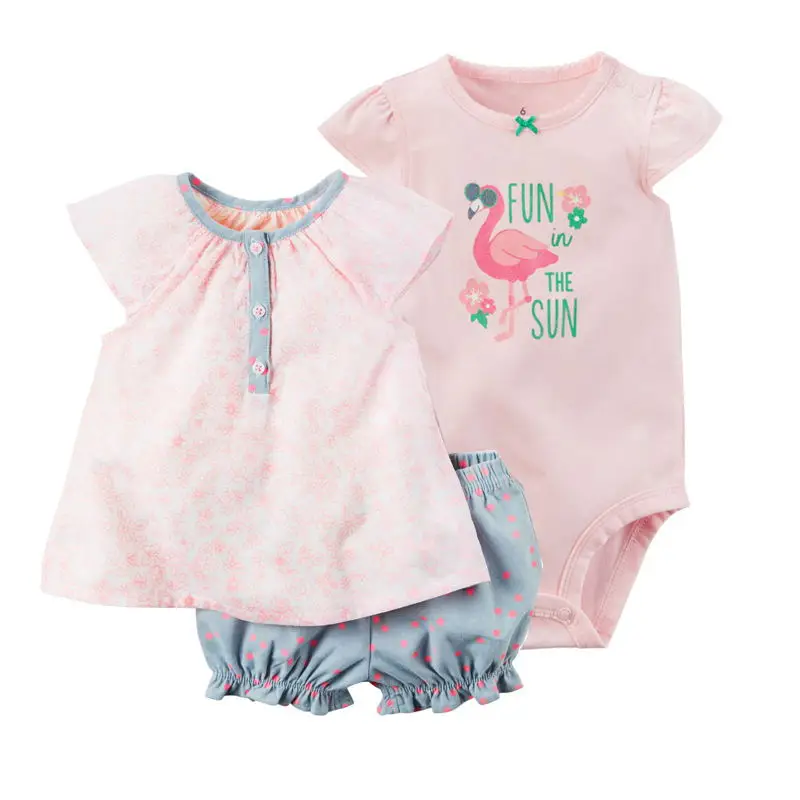 2018 kids baby bebes girl 3pcs set dress and short and romper ,pinks colors baby clothing set cute girl romper shorts