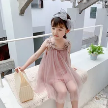 Летнее Сетчатое платье на бретельках в западном стиле для девочек розовое, серое, белое, кружевное платье принцессы без рукавов с цветочным рисунком для детей от 2 до 8 лет